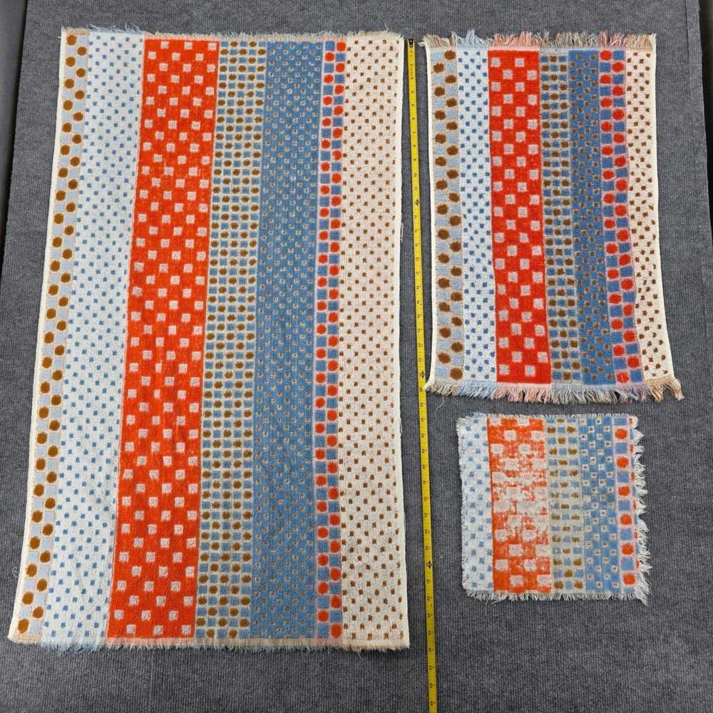 Vintage Cannon Royal Family 3pc Towel Set Orange Blue Geometric Fringed 70s USA